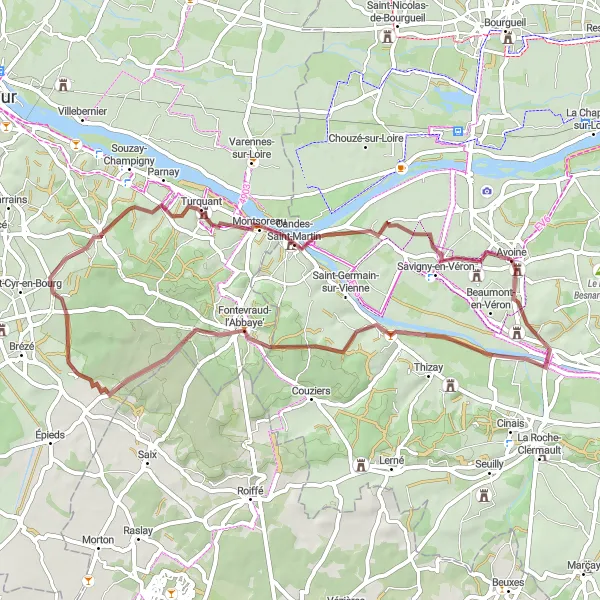 Map miniature of "Manoir de la Baronnière and Fontevraud Abbey Gravel Route" cycling inspiration in Centre — Val de Loire, France. Generated by Tarmacs.app cycling route planner