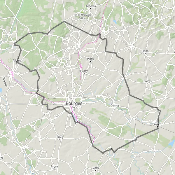 Miniature de la carte de l'inspiration cycliste "Boucle à vélo de route près de Avord" dans la Centre — Val de Loire, France. Générée par le planificateur d'itinéraire cycliste Tarmacs.app