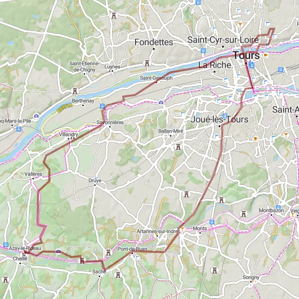 Miniature de la carte de l'inspiration cycliste "Boucle Gravel de la Loire" dans la Centre — Val de Loire, France. Générée par le planificateur d'itinéraire cycliste Tarmacs.app