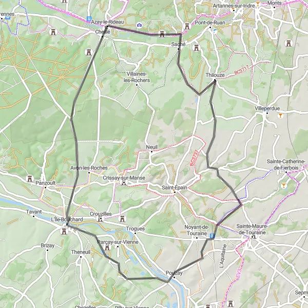 Map miniature of "Saché - L'Île-Bouchard Scenic Road Ride" cycling inspiration in Centre — Val de Loire, France. Generated by Tarmacs.app cycling route planner