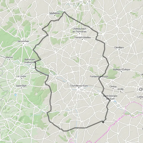 Map miniature of "Exploring Eure-et-Loir" cycling inspiration in Centre — Val de Loire, France. Generated by Tarmacs.app cycling route planner