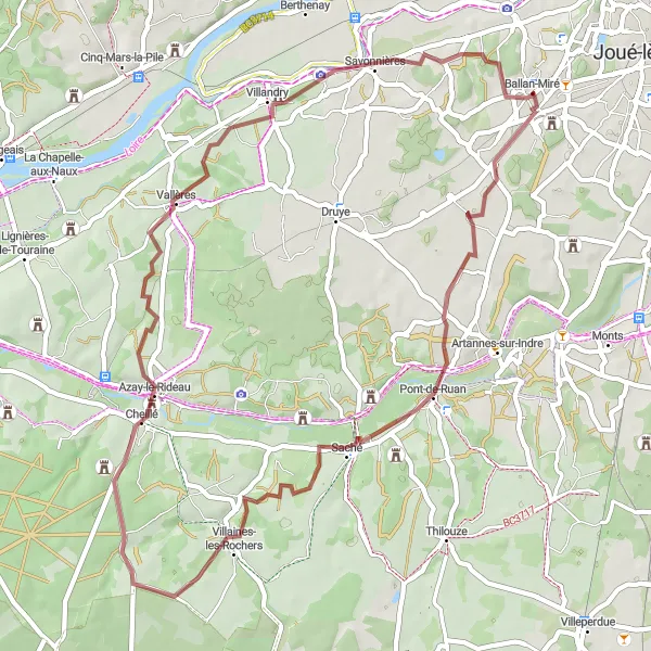 Miniature de la carte de l'inspiration cycliste "Circuit Gravel à partir de Ballan-Miré" dans la Centre — Val de Loire, France. Générée par le planificateur d'itinéraire cycliste Tarmacs.app