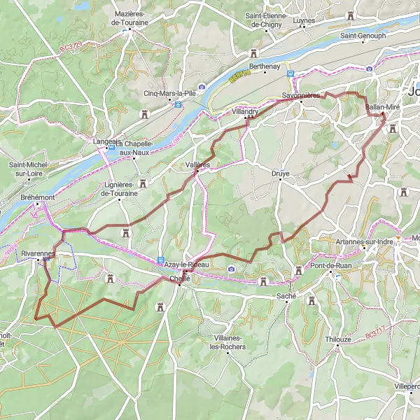 Miniature de la carte de l'inspiration cycliste "Tour des Châteaux de la Vallée de l'Indre" dans la Centre — Val de Loire, France. Générée par le planificateur d'itinéraire cycliste Tarmacs.app