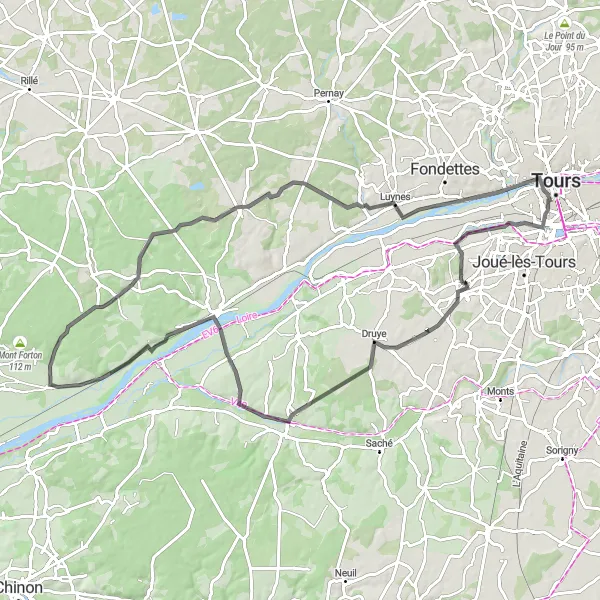 Map miniature of "The Tour of Druye" cycling inspiration in Centre — Val de Loire, France. Generated by Tarmacs.app cycling route planner