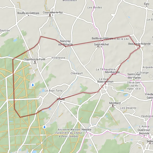 Map miniature of "Exploring Montbarrois and Nibelle" cycling inspiration in Centre — Val de Loire, France. Generated by Tarmacs.app cycling route planner