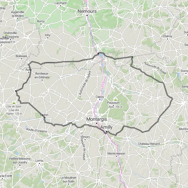 Map miniature of "Beaumont-du-Gâtinais and Château-Landon Challenge" cycling inspiration in Centre — Val de Loire, France. Generated by Tarmacs.app cycling route planner