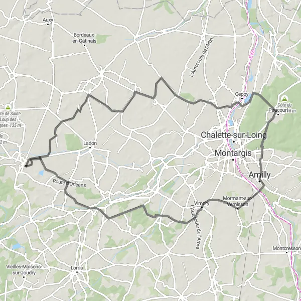 Miniature de la carte de l'inspiration cycliste "Les Collines du Loiret" dans la Centre — Val de Loire, France. Générée par le planificateur d'itinéraire cycliste Tarmacs.app