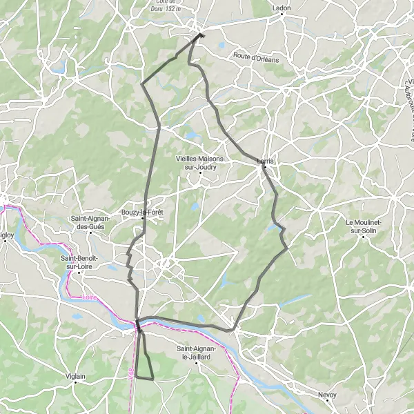 Map miniature of "Ouzouer-sur-Loire Road Loop" cycling inspiration in Centre — Val de Loire, France. Generated by Tarmacs.app cycling route planner