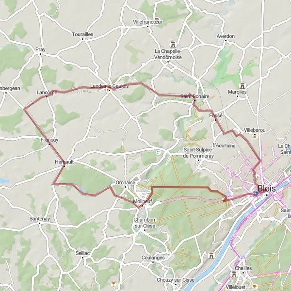 Miniature de la carte de l'inspiration cycliste "Boucle à vélo autour de Blois" dans la Centre — Val de Loire, France. Générée par le planificateur d'itinéraire cycliste Tarmacs.app