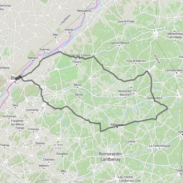 Map miniature of "The Royal Escape" cycling inspiration in Centre — Val de Loire, France. Generated by Tarmacs.app cycling route planner