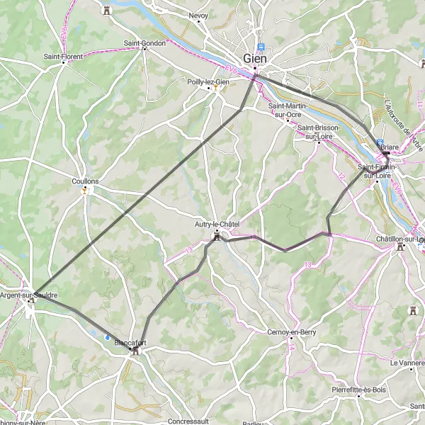 Map miniature of "Road Route from Briare" cycling inspiration in Centre — Val de Loire, France. Generated by Tarmacs.app cycling route planner