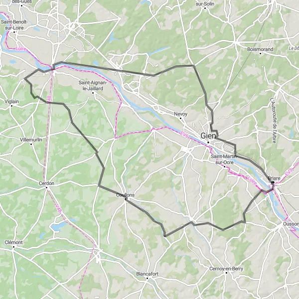 Map miniature of "Road Route from Briare" cycling inspiration in Centre — Val de Loire, France. Generated by Tarmacs.app cycling route planner