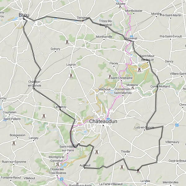 Map miniature of "Brou Circuit" cycling inspiration in Centre — Val de Loire, France. Generated by Tarmacs.app cycling route planner