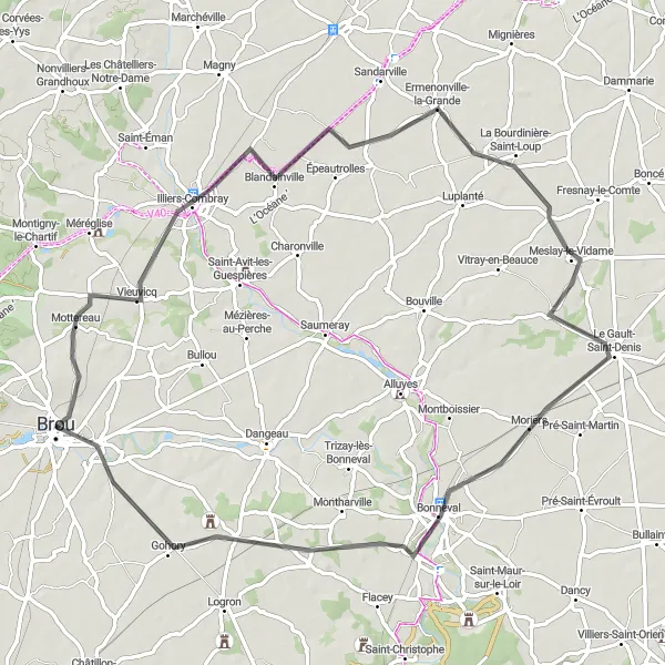 Miniature de la carte de l'inspiration cycliste "Brou to Vieuvicq Loop" dans la Centre — Val de Loire, France. Générée par le planificateur d'itinéraire cycliste Tarmacs.app