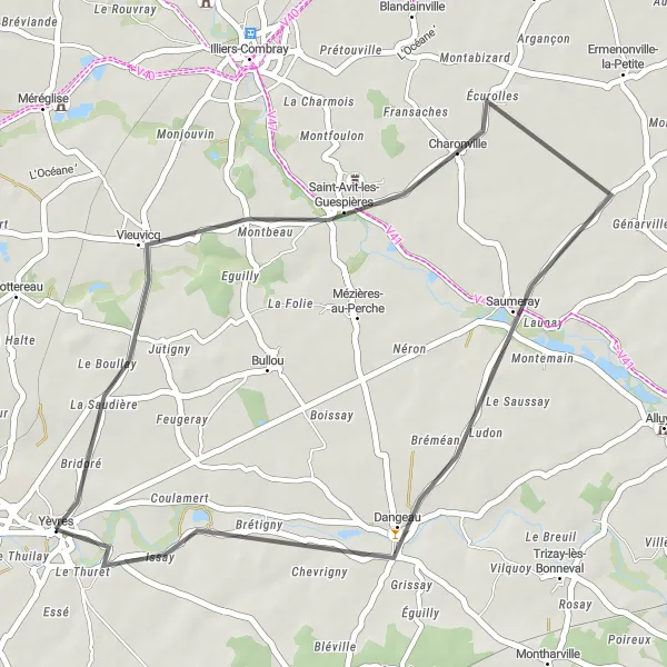 Map miniature of "Charming Villages of Eure-et-Loir" cycling inspiration in Centre — Val de Loire, France. Generated by Tarmacs.app cycling route planner