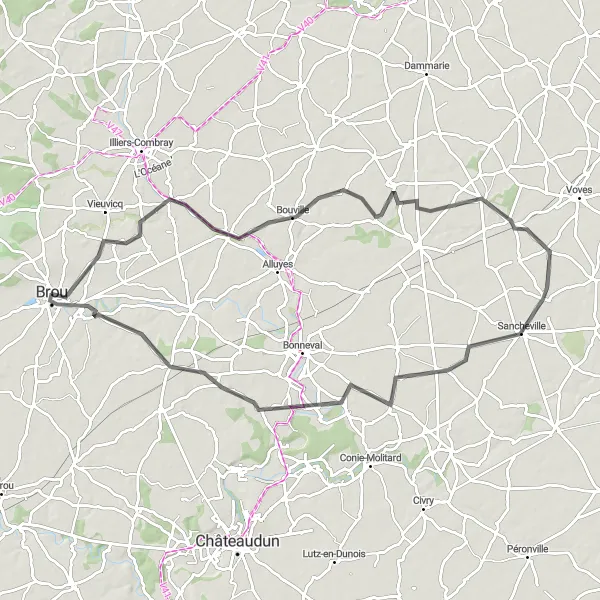 Miniature de la carte de l'inspiration cycliste "Brou - Yèvres Boucle" dans la Centre — Val de Loire, France. Générée par le planificateur d'itinéraire cycliste Tarmacs.app
