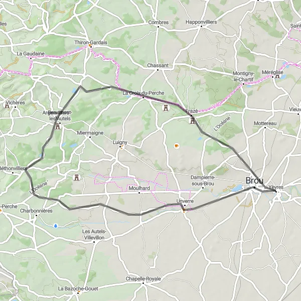Map miniature of "Brou - La Croix-du-Perche Loop" cycling inspiration in Centre — Val de Loire, France. Generated by Tarmacs.app cycling route planner