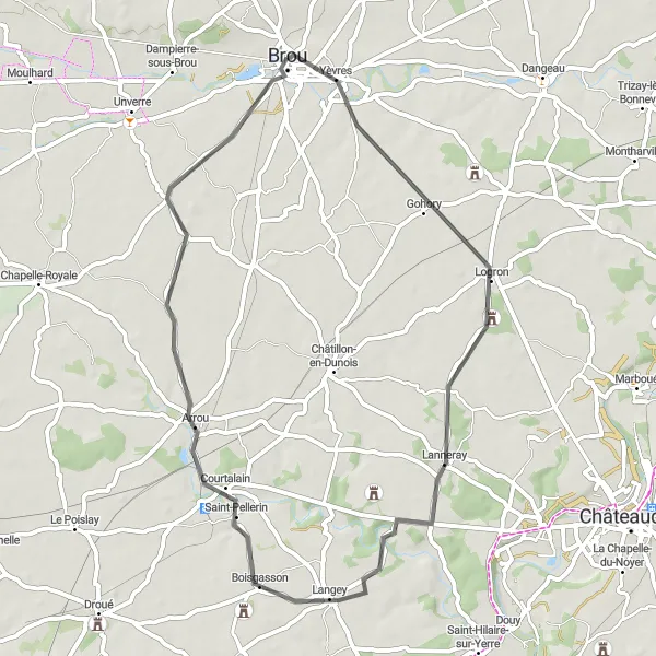 Miniature de la carte de l'inspiration cycliste "Yèvres - Arrou Boucle" dans la Centre — Val de Loire, France. Générée par le planificateur d'itinéraire cycliste Tarmacs.app