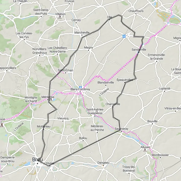 Miniature de la carte de l'inspiration cycliste "Les Vallées Verdoyantes" dans la Centre — Val de Loire, France. Générée par le planificateur d'itinéraire cycliste Tarmacs.app