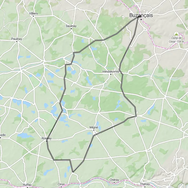 Miniature de la carte de l'inspiration cycliste "Les collines de l'Indre" dans la Centre — Val de Loire, France. Générée par le planificateur d'itinéraire cycliste Tarmacs.app