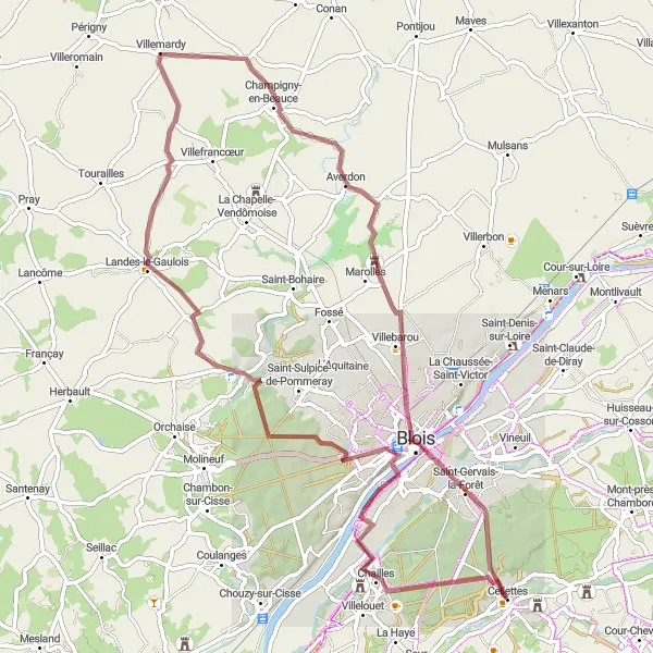 Map miniature of "Challenging Gravel Adventure to Blois" cycling inspiration in Centre — Val de Loire, France. Generated by Tarmacs.app cycling route planner