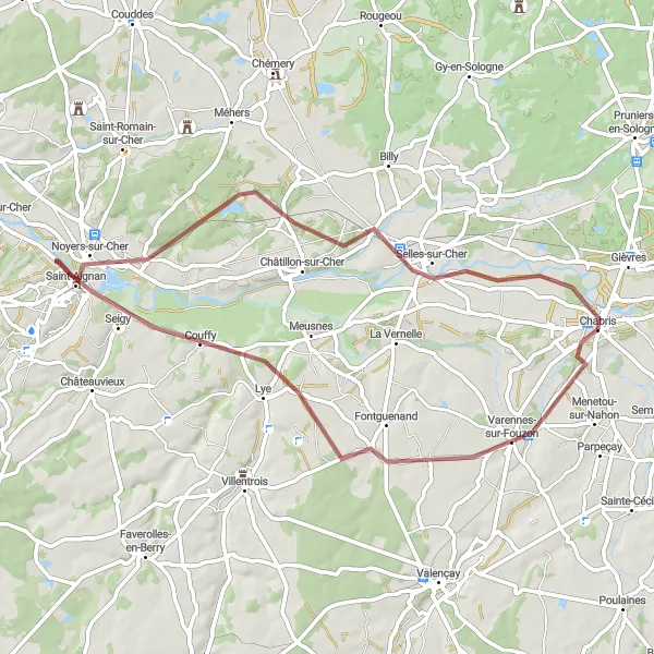 Map miniature of "Varennes-sur-Fouzon to Château de Selles-sur-Cher Gravel Route" cycling inspiration in Centre — Val de Loire, France. Generated by Tarmacs.app cycling route planner