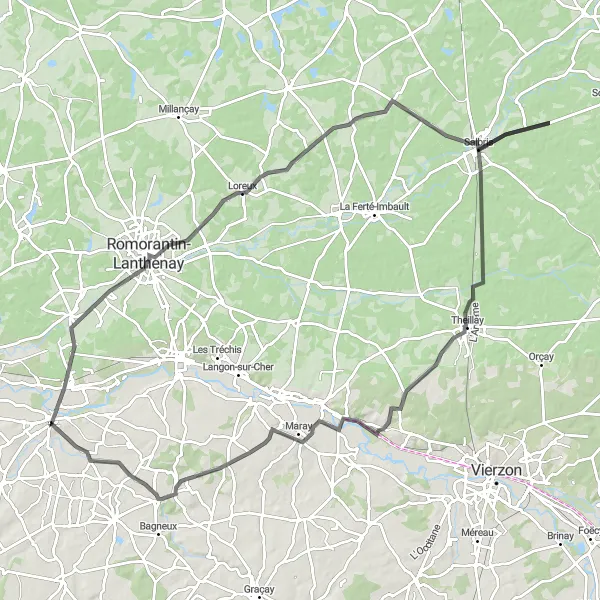 Map miniature of "Chabris Epic Loop" cycling inspiration in Centre — Val de Loire, France. Generated by Tarmacs.app cycling route planner