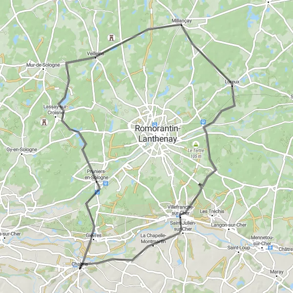 Map miniature of "Gièvres to Villefranche-sur-Cher Road Route" cycling inspiration in Centre — Val de Loire, France. Generated by Tarmacs.app cycling route planner