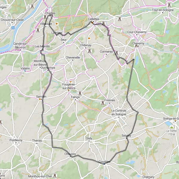 Miniature de la carte de l'inspiration cycliste "Exploration des Châteaux du Val de Loire" dans la Centre — Val de Loire, France. Générée par le planificateur d'itinéraire cycliste Tarmacs.app
