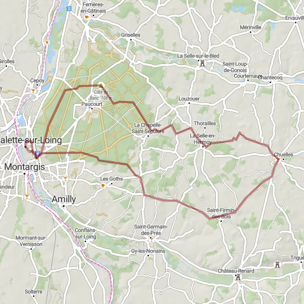 Map miniature of "Gravel Trails beyond Châlette-sur-Loing" cycling inspiration in Centre — Val de Loire, France. Generated by Tarmacs.app cycling route planner