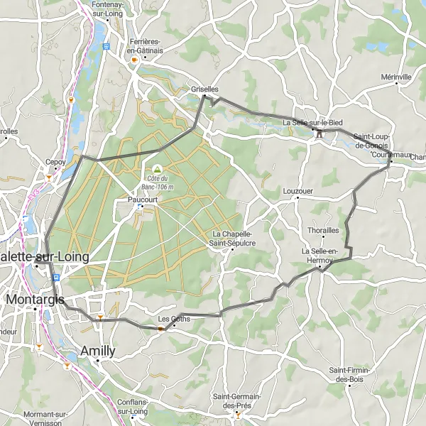 Map miniature of "Chalette-sur-Loing Allure Loop" cycling inspiration in Centre — Val de Loire, France. Generated by Tarmacs.app cycling route planner