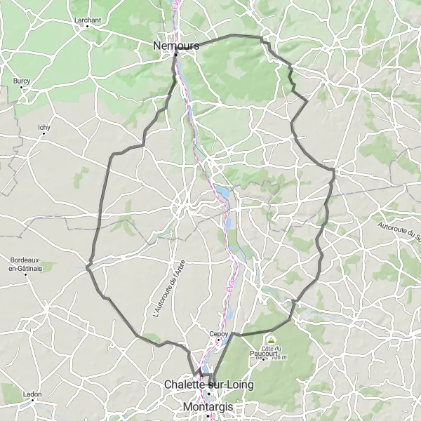 Miniature de la carte de l'inspiration cycliste "Au cœur du Gâtinais" dans la Centre — Val de Loire, France. Générée par le planificateur d'itinéraire cycliste Tarmacs.app