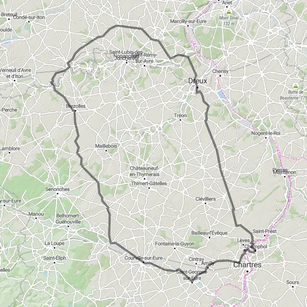 Map miniature of "Champhol - Tillières-sur-Avre Loop" cycling inspiration in Centre — Val de Loire, France. Generated by Tarmacs.app cycling route planner