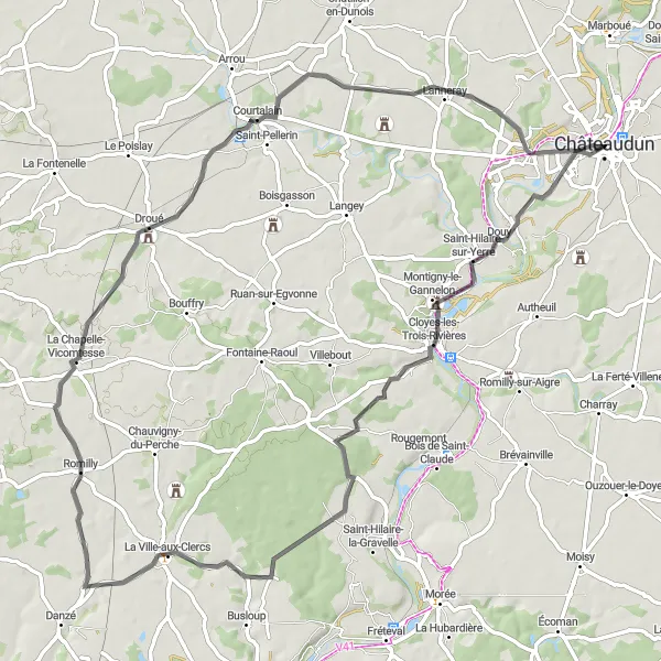 Map miniature of "Dunois Countryside Ride" cycling inspiration in Centre — Val de Loire, France. Generated by Tarmacs.app cycling route planner