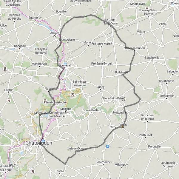 Map miniature of "Châteaudun Loop" cycling inspiration in Centre — Val de Loire, France. Generated by Tarmacs.app cycling route planner