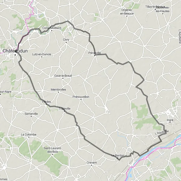 Map miniature of "Valley of Conie" cycling inspiration in Centre — Val de Loire, France. Generated by Tarmacs.app cycling route planner