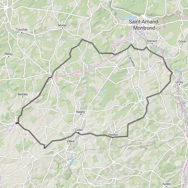 Map miniature of "Road Cycling Route near Châteaumeillant" cycling inspiration in Centre — Val de Loire, France. Generated by Tarmacs.app cycling route planner