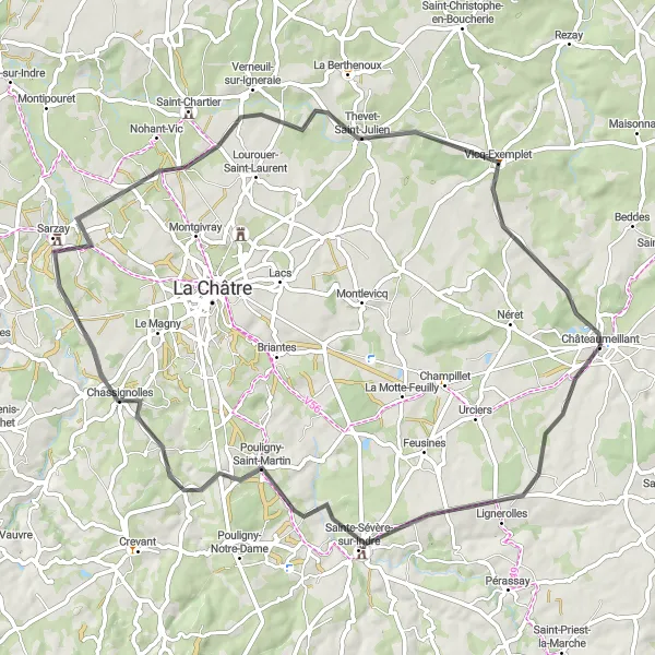 Map miniature of "The Indre River Loop" cycling inspiration in Centre — Val de Loire, France. Generated by Tarmacs.app cycling route planner