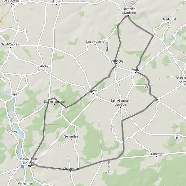 Miniature de la carte de l'inspiration cycliste "Le Sérénité Senneçay Road Cycling Route" dans la Centre — Val de Loire, France. Générée par le planificateur d'itinéraire cycliste Tarmacs.app