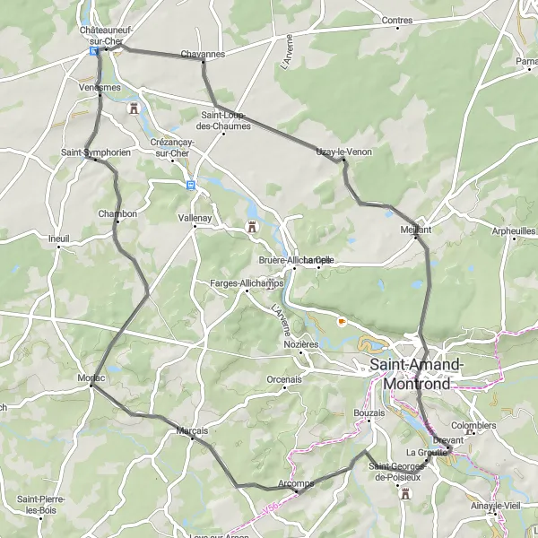 Map miniature of "Châteauneuf-sur-Cher to Saint-Amand-Montrond Road Cycling Route" cycling inspiration in Centre — Val de Loire, France. Generated by Tarmacs.app cycling route planner