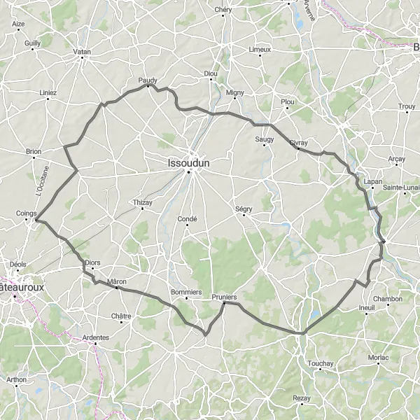 Map miniature of "Châteauneuf-sur-Cher Loop" cycling inspiration in Centre — Val de Loire, France. Generated by Tarmacs.app cycling route planner