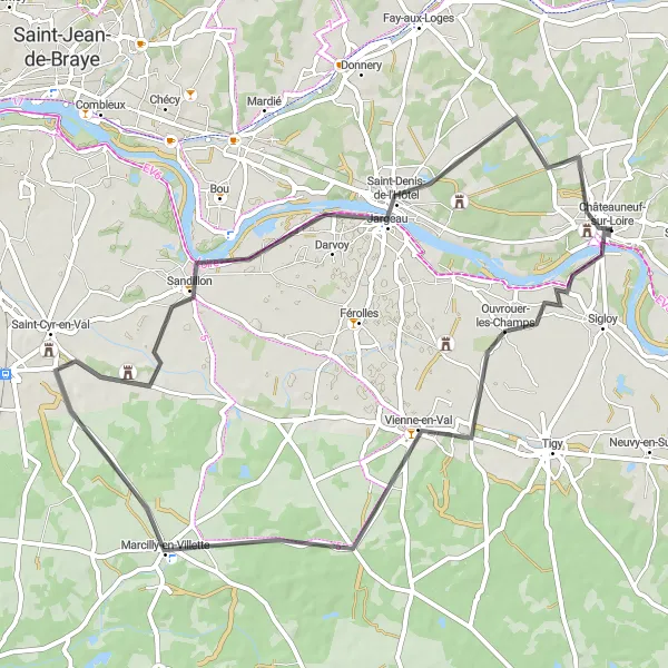 Map miniature of "Châteauneuf-sur-Loire and Jargeau Road Biking Route" cycling inspiration in Centre — Val de Loire, France. Generated by Tarmacs.app cycling route planner