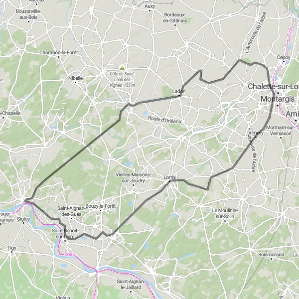 Miniature de la carte de l'inspiration cycliste "Le Circuit des Abbayes" dans la Centre — Val de Loire, France. Générée par le planificateur d'itinéraire cycliste Tarmacs.app