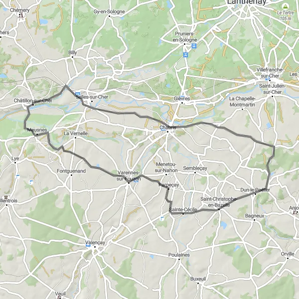 Map miniature of "Châtillon-sur-Cher Loop" cycling inspiration in Centre — Val de Loire, France. Generated by Tarmacs.app cycling route planner