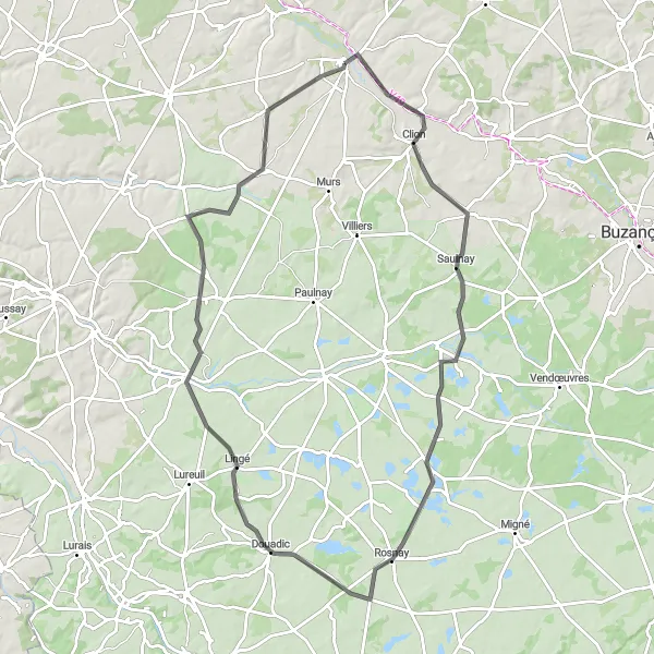 Miniature de la carte de l'inspiration cycliste "Les Collines de l'Indre" dans la Centre — Val de Loire, France. Générée par le planificateur d'itinéraire cycliste Tarmacs.app