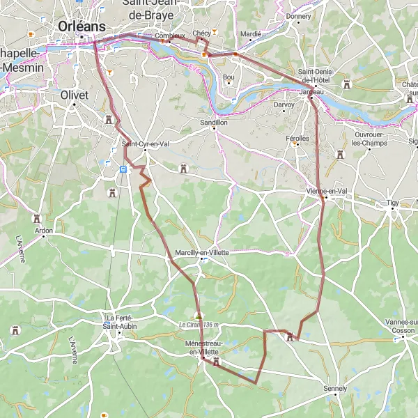 Map miniature of "The Gravel Road Through Jargeau and Ménestreau-en-Villette" cycling inspiration in Centre — Val de Loire, France. Generated by Tarmacs.app cycling route planner