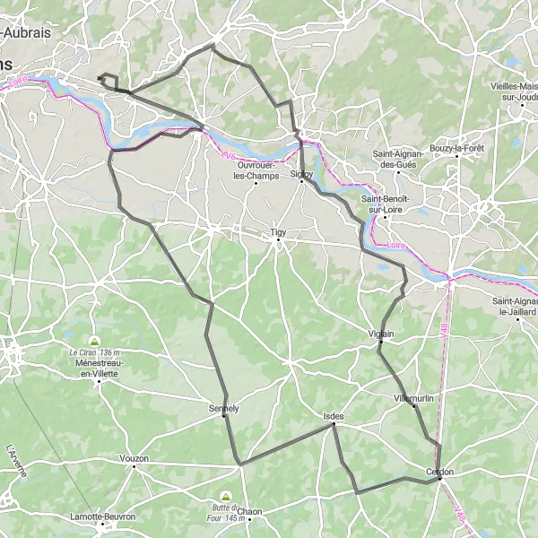 Map miniature of "Chécy to Saint-Denis-de-l'Hôtel Loop" cycling inspiration in Centre — Val de Loire, France. Generated by Tarmacs.app cycling route planner