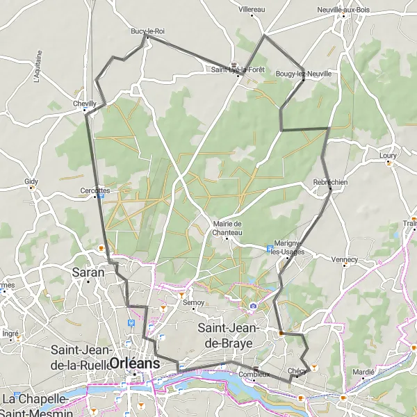 Map miniature of "Chécy to Rebréchien Loop" cycling inspiration in Centre — Val de Loire, France. Generated by Tarmacs.app cycling route planner