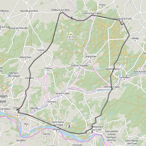 Miniature de la carte de l'inspiration cycliste "Circuit pittoresque autour de Chécy" dans la Centre — Val de Loire, France. Générée par le planificateur d'itinéraire cycliste Tarmacs.app