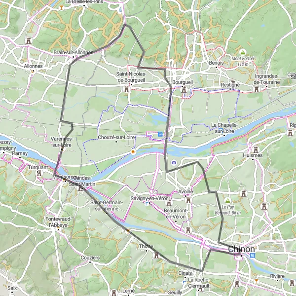 Map miniature of "Chinon Castle Loop" cycling inspiration in Centre — Val de Loire, France. Generated by Tarmacs.app cycling route planner